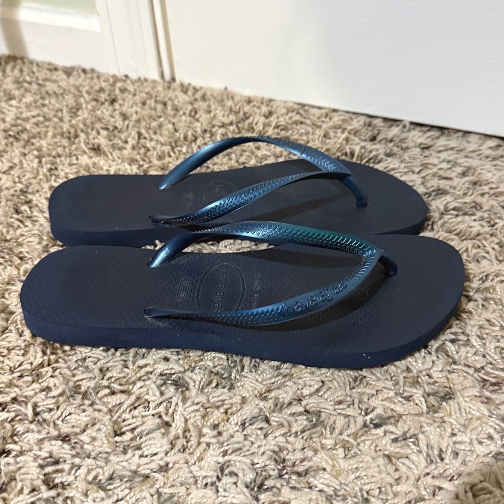 Havaianas Slim Navy Blue Metallic Flip Flops Sandals Womens 7/8W EUR 37/38